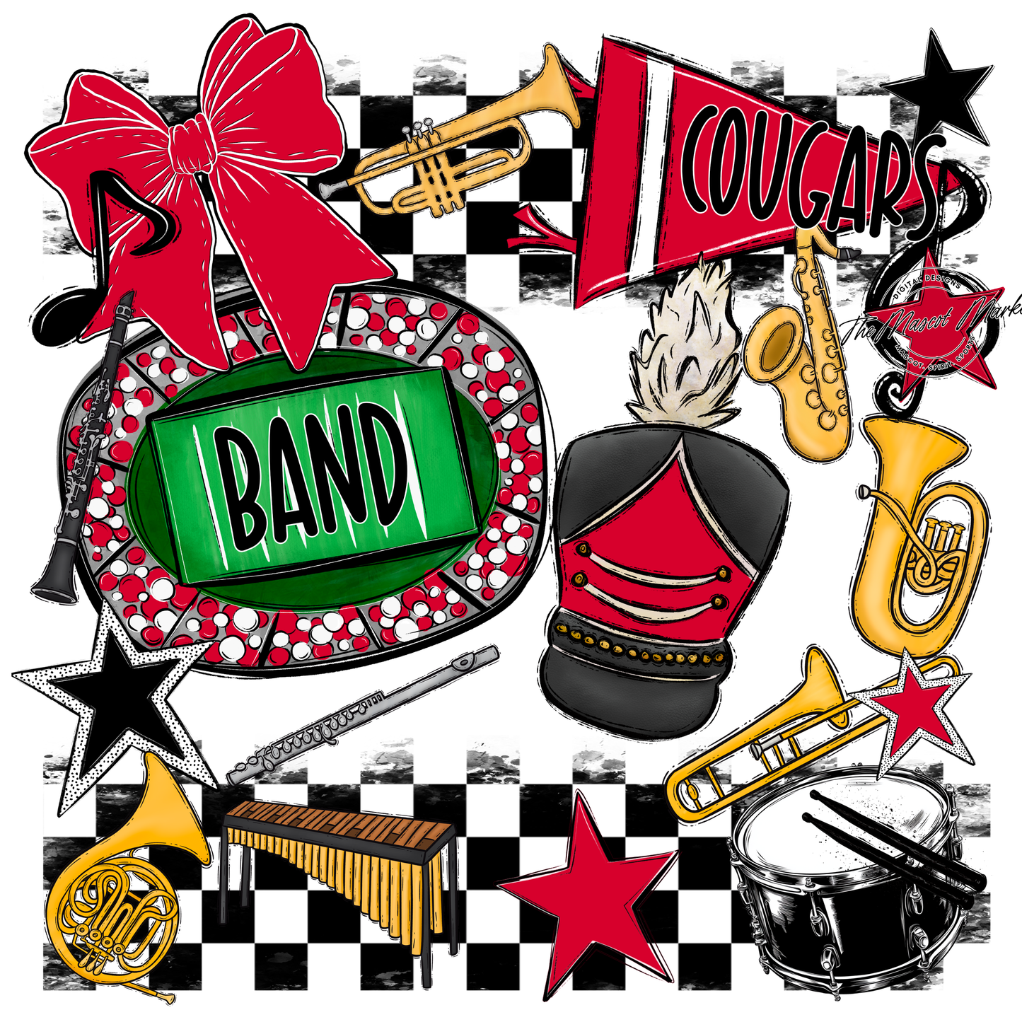 Cougars Checkers Band Spirit Design-Red