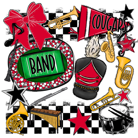 Cougars Checkers Band Spirit Design-Red