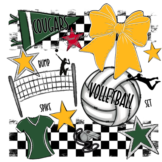 Cougars Checkers Volleyball Spirit Design-Green-Yellow