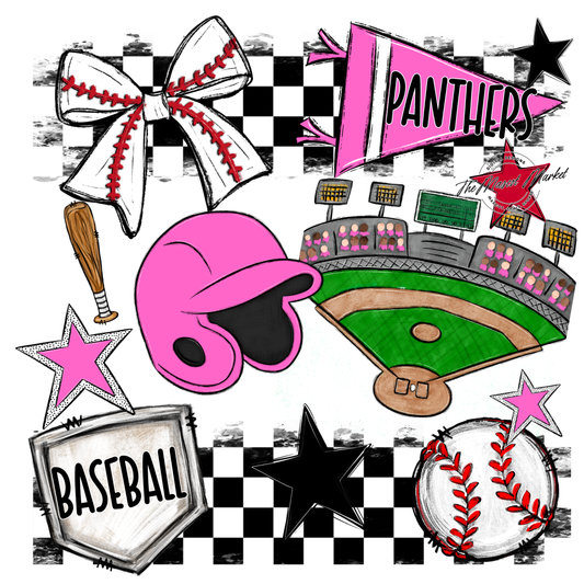 Panthers Checkers Baseball Spirit Design-Baby Pink