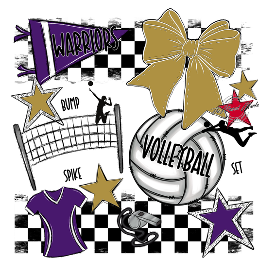 Warriors Checkers Volleyball Spirit Design-Purple-Gold