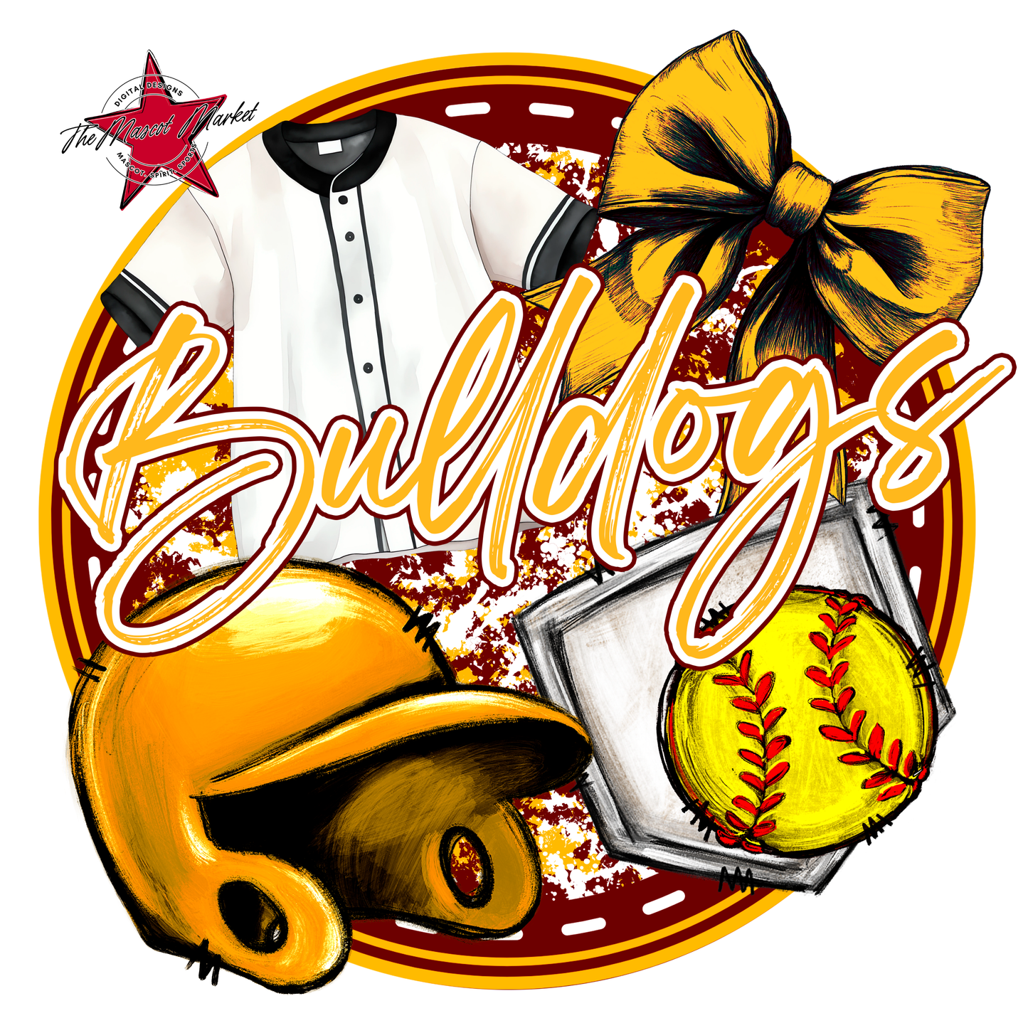 Bulldogs Circle Softball Design-Maroon-Yellow