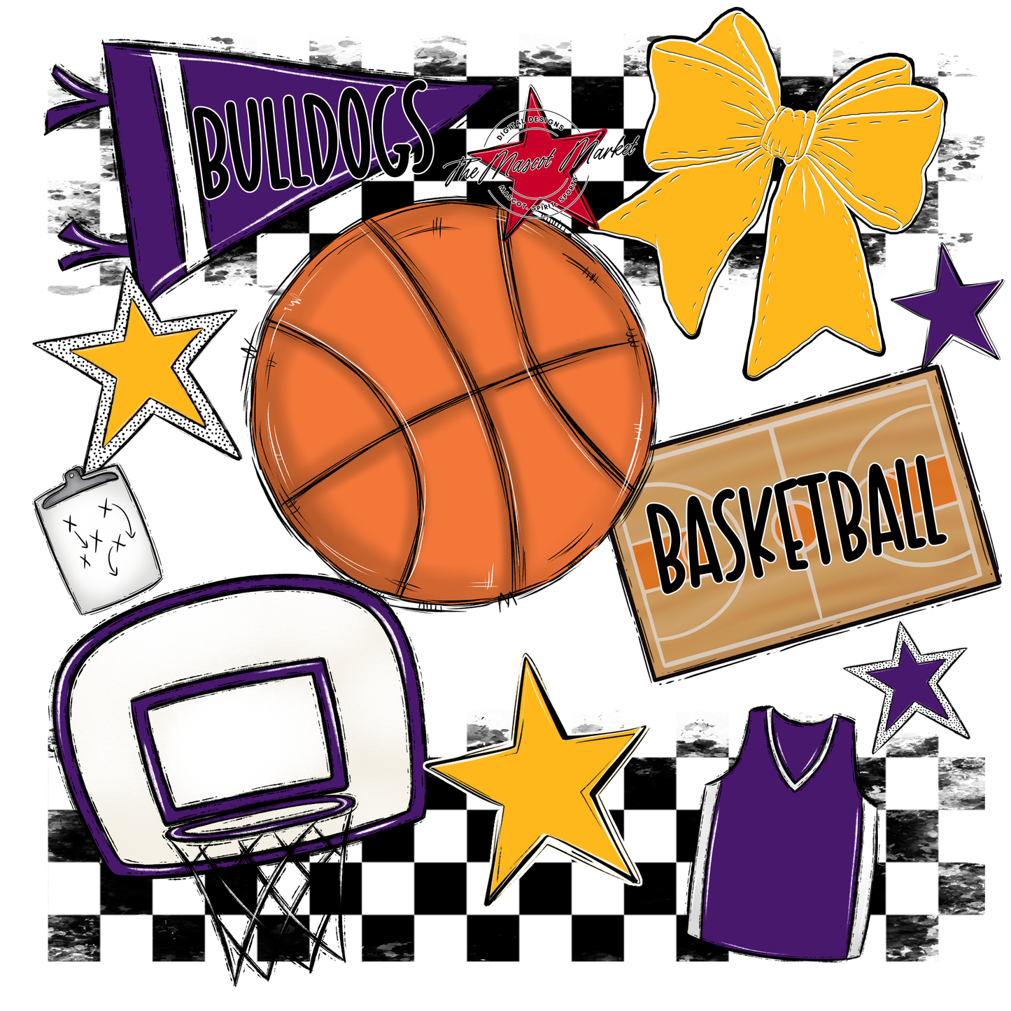 Bulldogs Checkers Basketball Spirit Design-Purple-Yellow