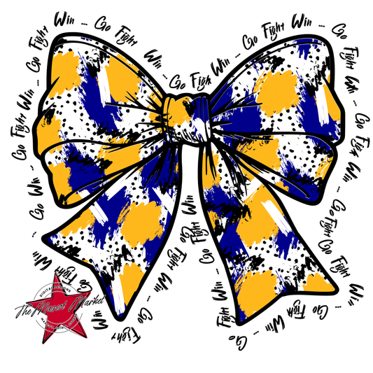 Go, Fight, Win, Splatter Bow Design-Blue-Yellow