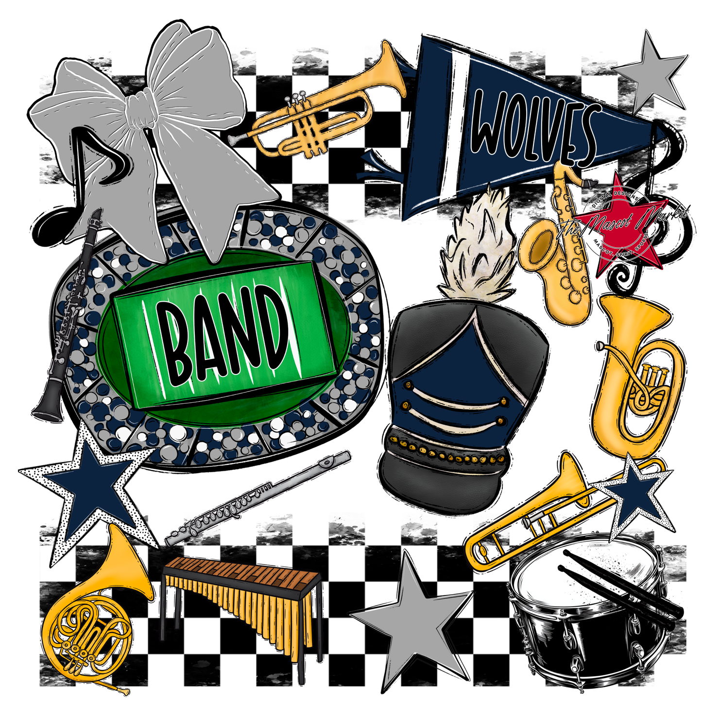 Wolves Checkers Band Spirit Design-Navy-Grey