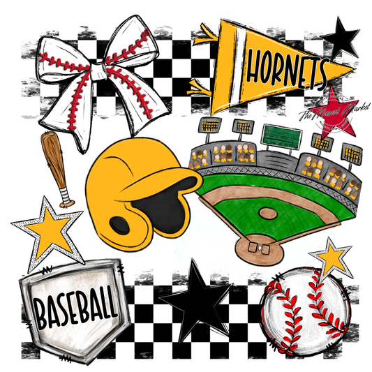 Hornets Checkers Baseball Spirit Design-Yellow