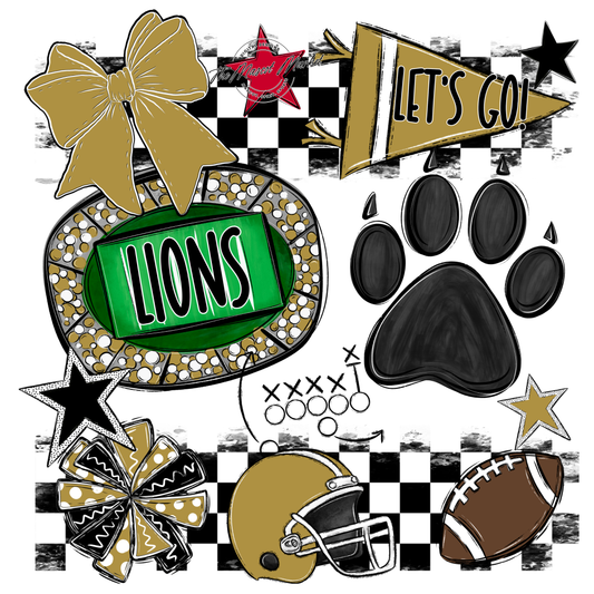 Lions Checkers Mascot Spirit Design w Paw-Gold