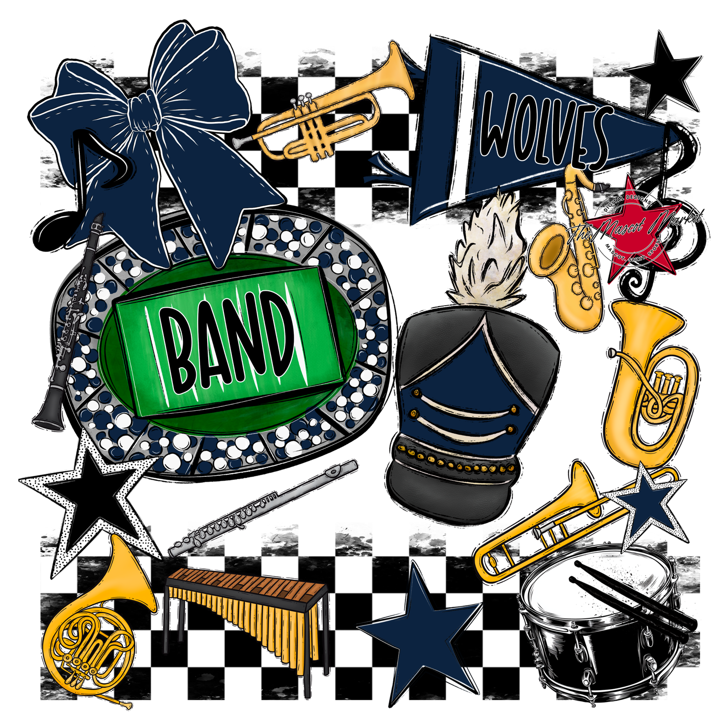 Wolves Checkers Band Spirit Design-Navy