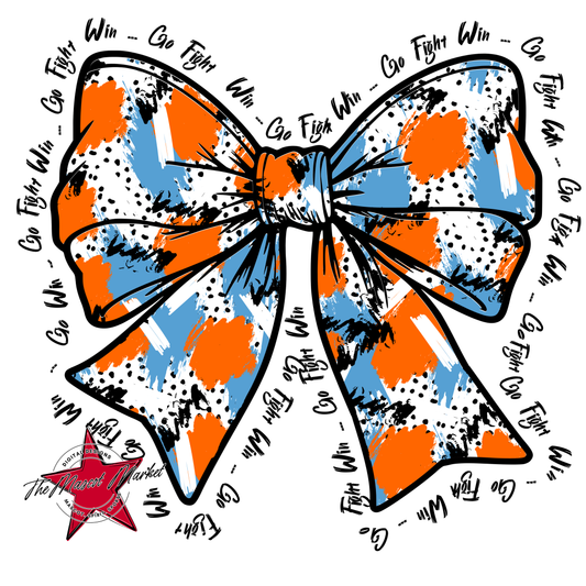 Go, Fight, Win, Splatter Bow Design-Carolina Blue-Orange