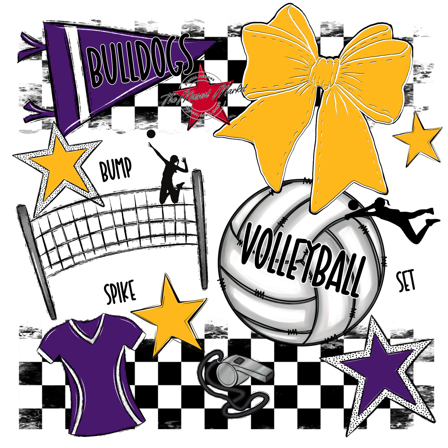 Bulldogs Checkers Volleyball Spirit Design-Purple-Yellow