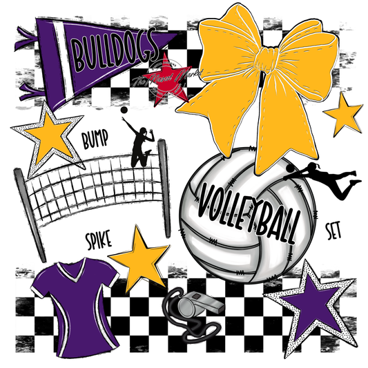 Bulldogs Checkers Volleyball Spirit Design-Purple-Yellow