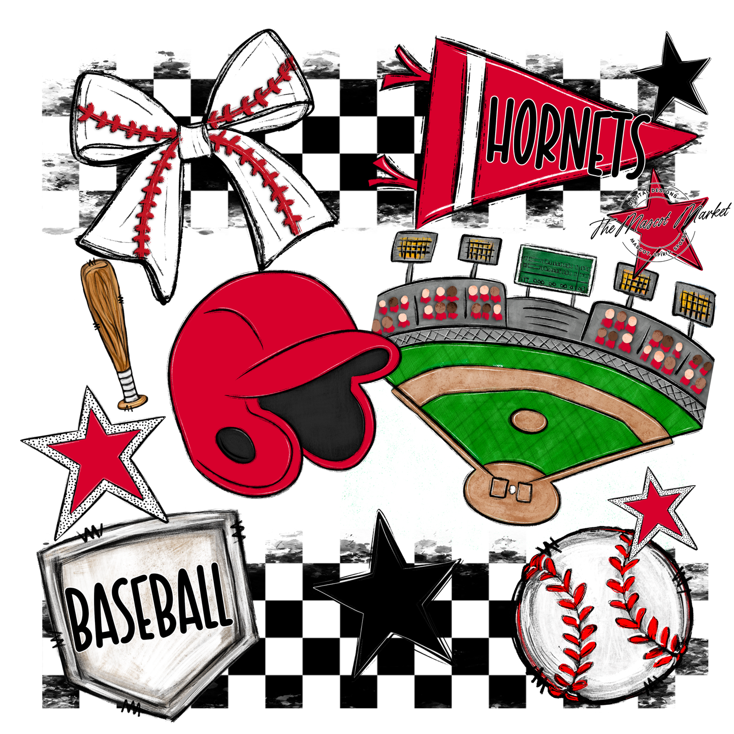 Hornets Checkers Baseball Spirit Design-Red