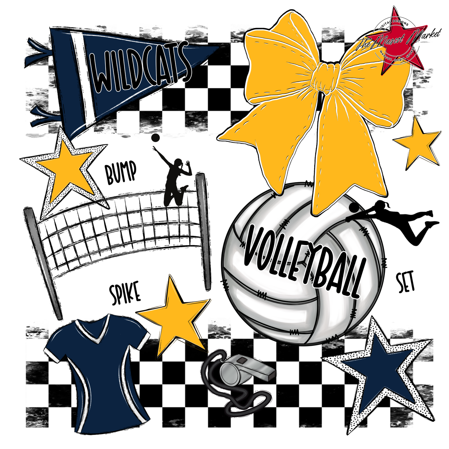 Wildcats Checkers Volleyball Spirit Design-Navy-Yellow