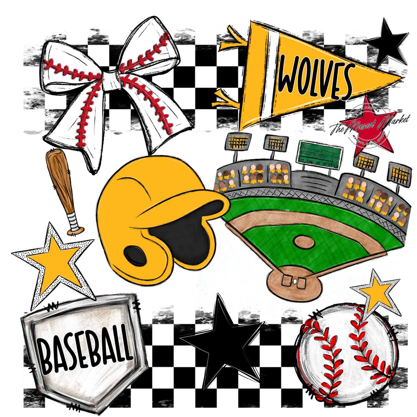 Wolves Checkers Baseball Spirit Design-Yellow