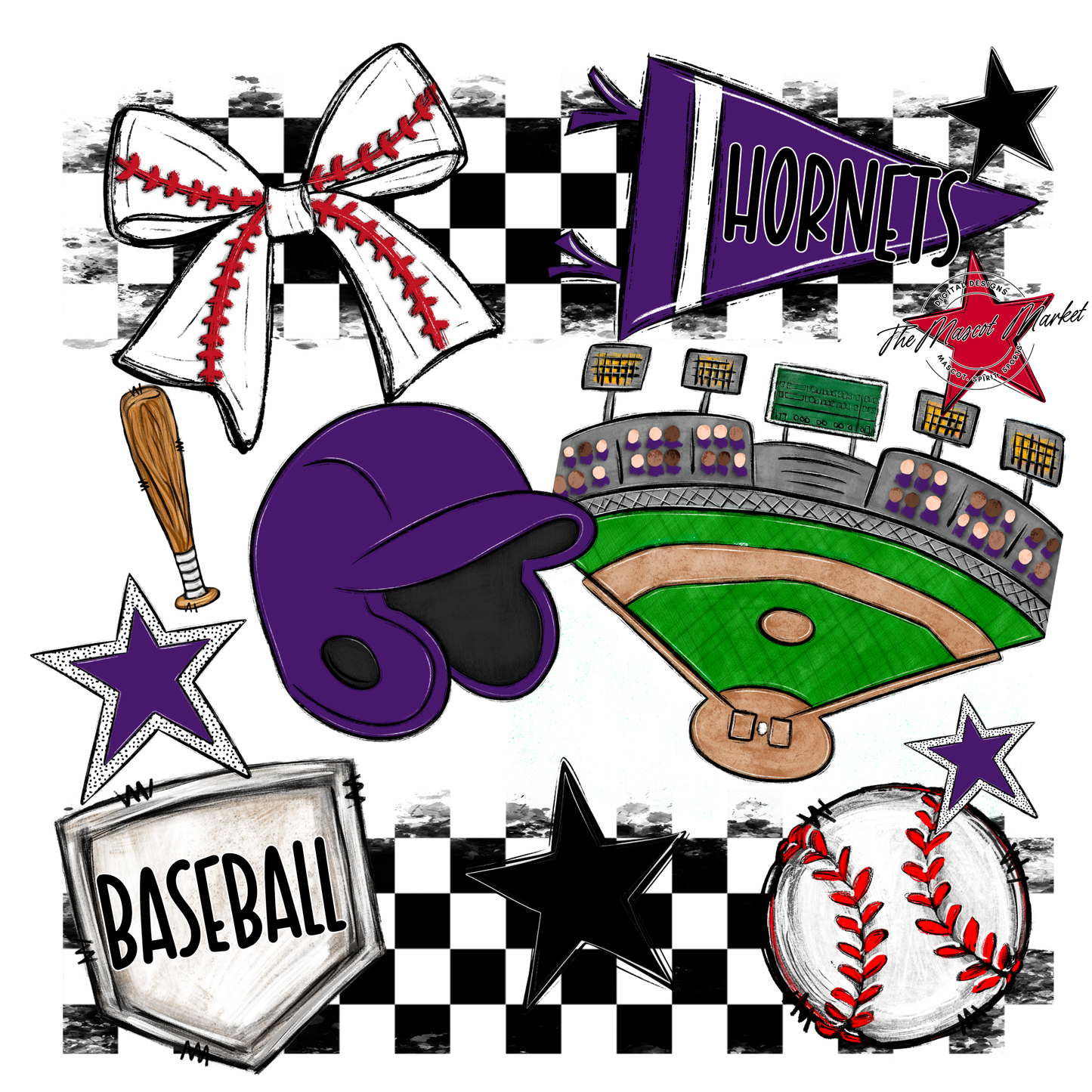 Hornets Checkers Baseball Spirit Design-Purple