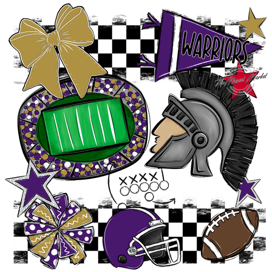 Warriors Checkers Mascot Spirit Design-Purple-Gold