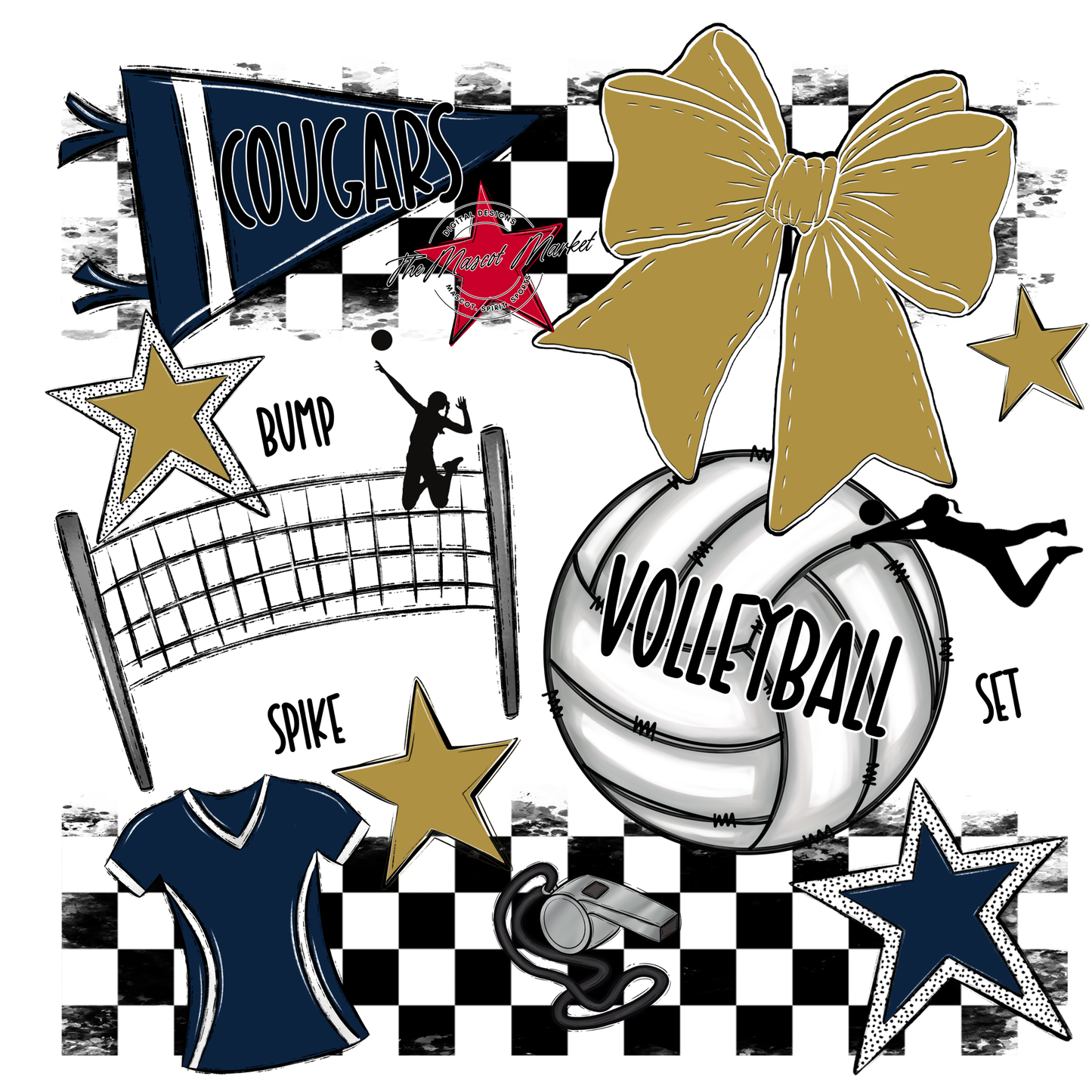 Cougars Checkers Volleyball Spirit Design-Navy-Gold