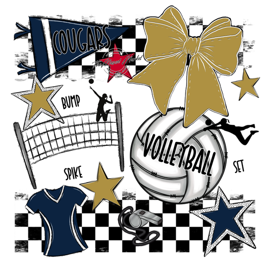 Cougars Checkers Volleyball Spirit Design-Navy-Gold
