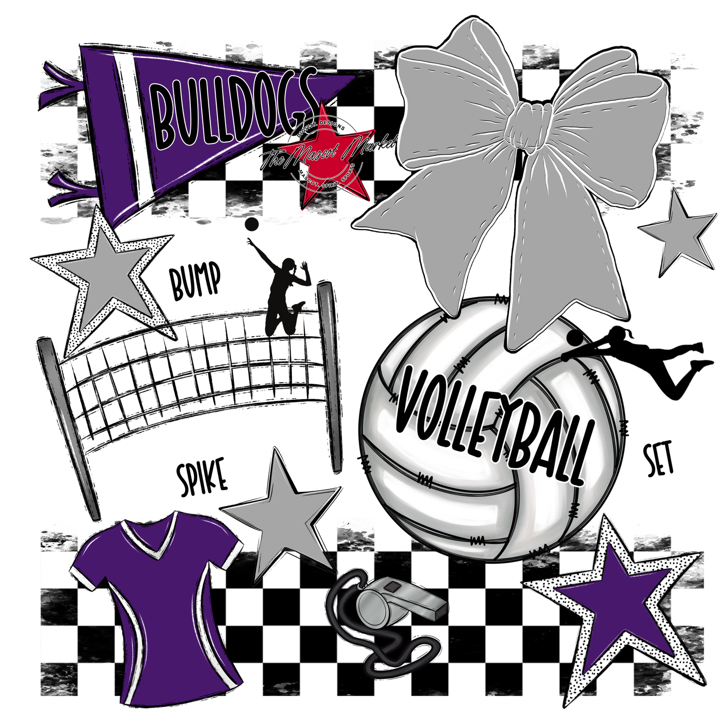 Bulldogs Checkers Volleyball Spirit Design-Purple-Grey