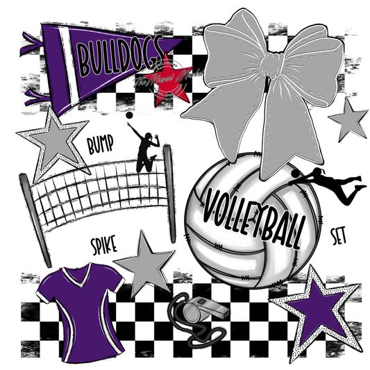 Bulldogs Checkers Volleyball Spirit Design-Purple-Grey