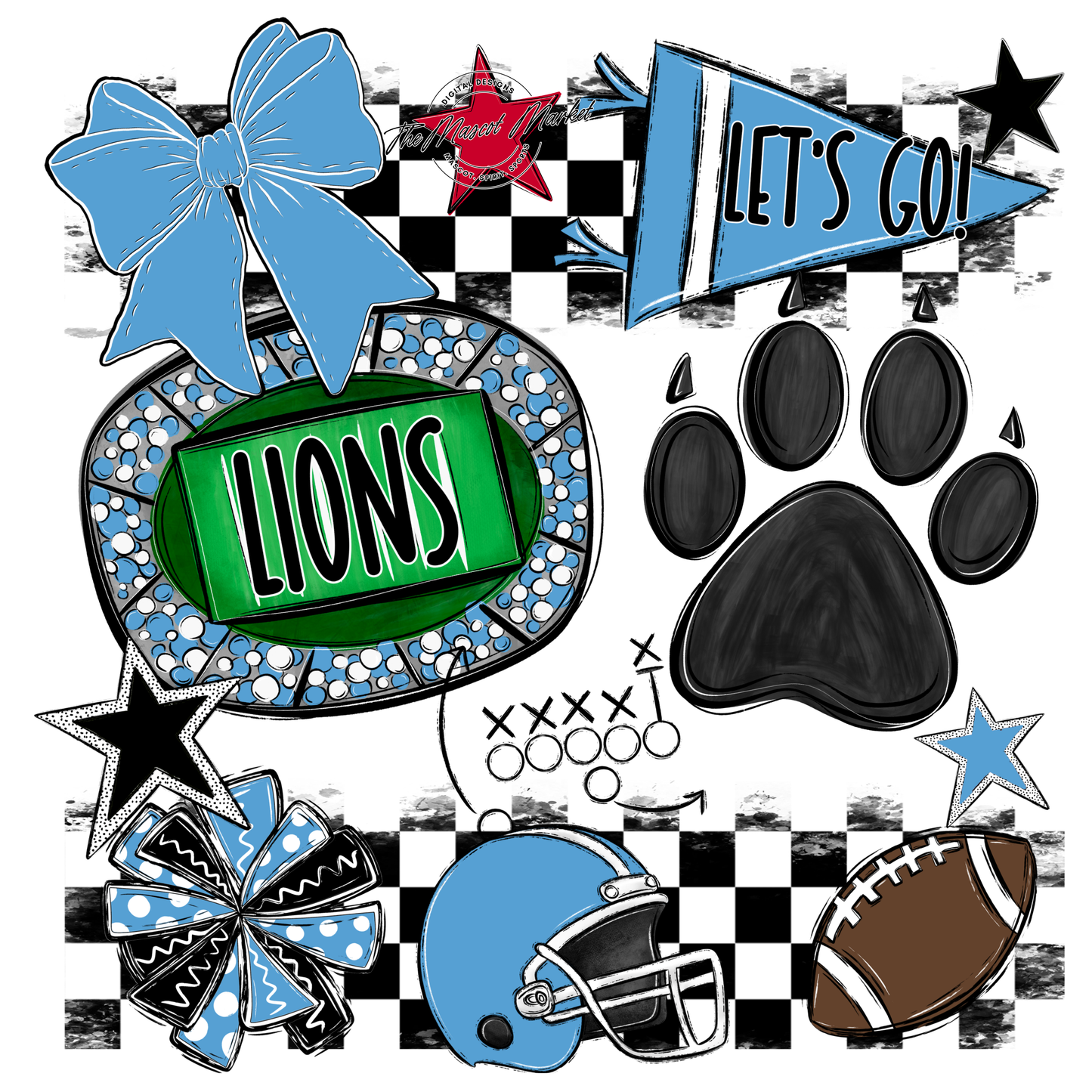 Lions Checkers Mascot Spirit Design w Paw-Carolina Blue