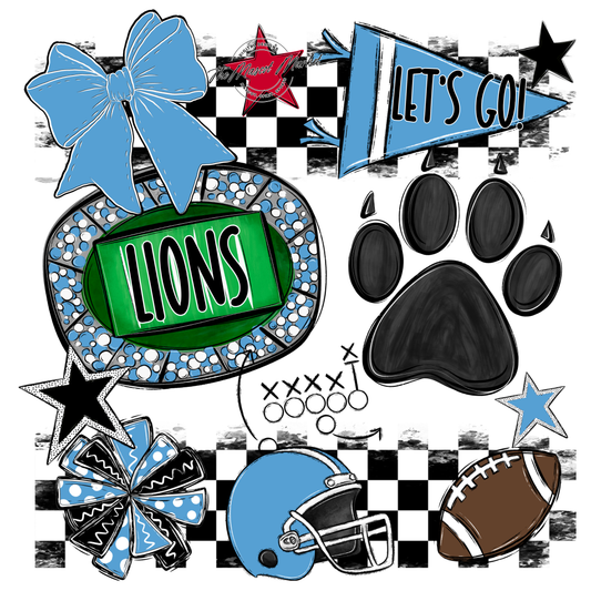 Lions Checkers Mascot Spirit Design w Paw-Carolina Blue