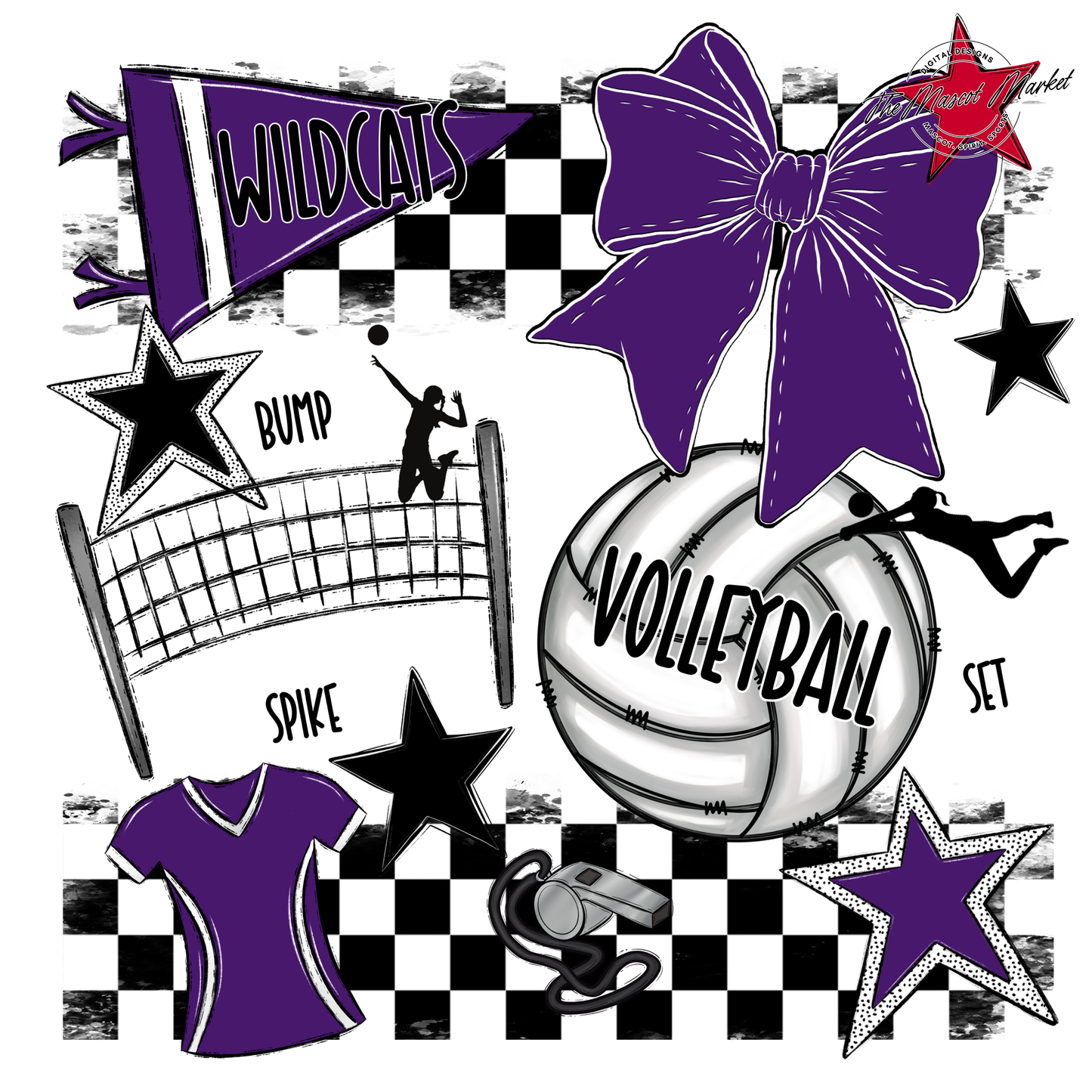 Wildcats Checkers Volleyball Spirit Design-Purple