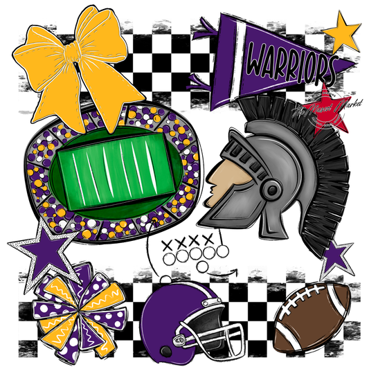 Warriors Checkers Mascot Spirit Design-Purple-Yellow