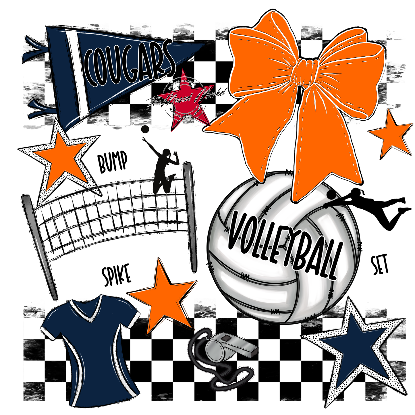 Cougars Checkers Volleyball Spirit Design-Navy-Orange