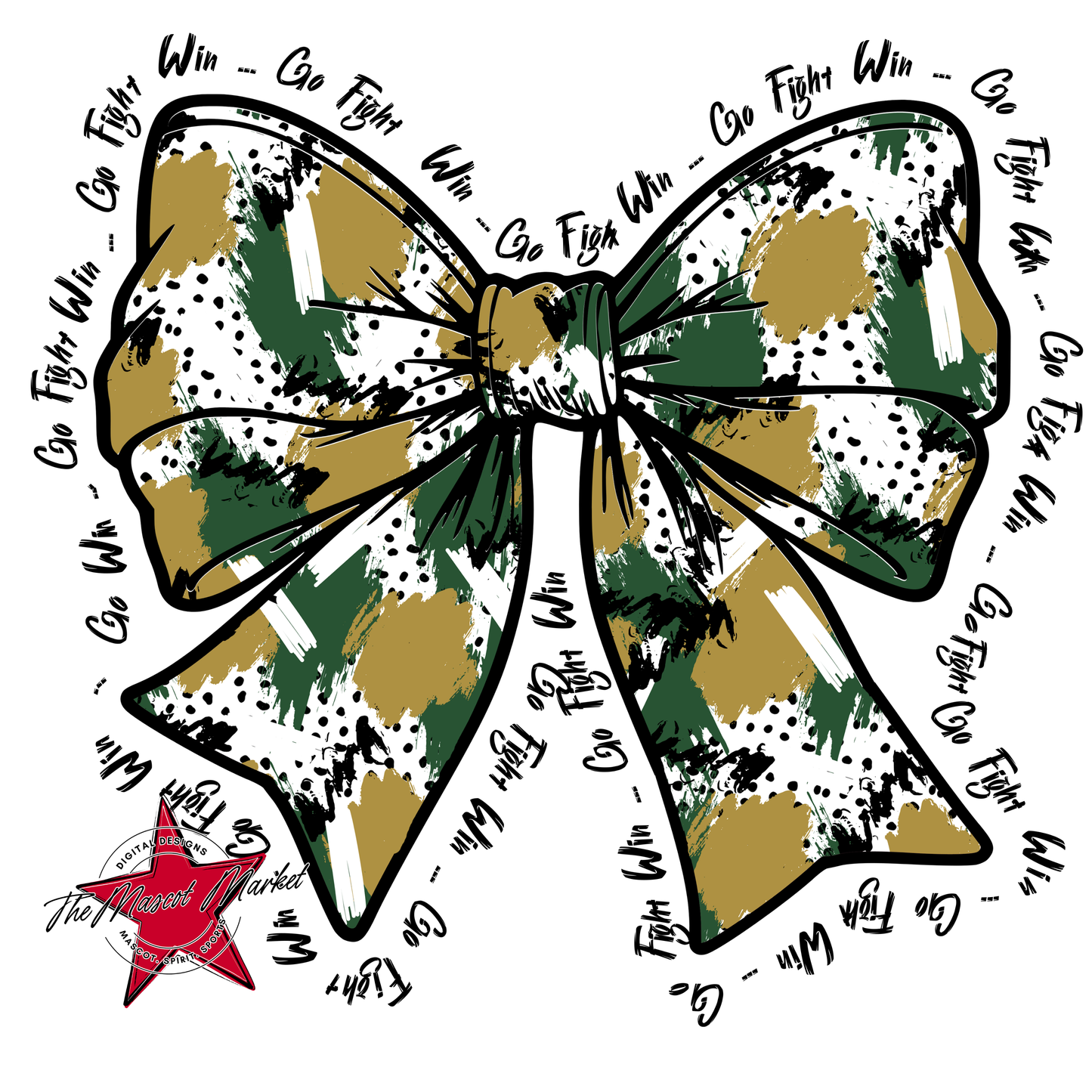 Go, Fight, Win, Splatter Bow Design-Green-Gold