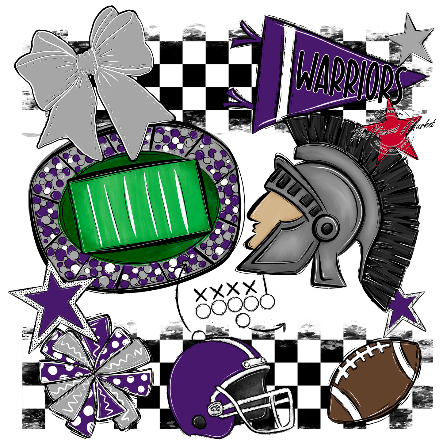 Warriors Checkers Mascot Spirit Design-Purple-Grey
