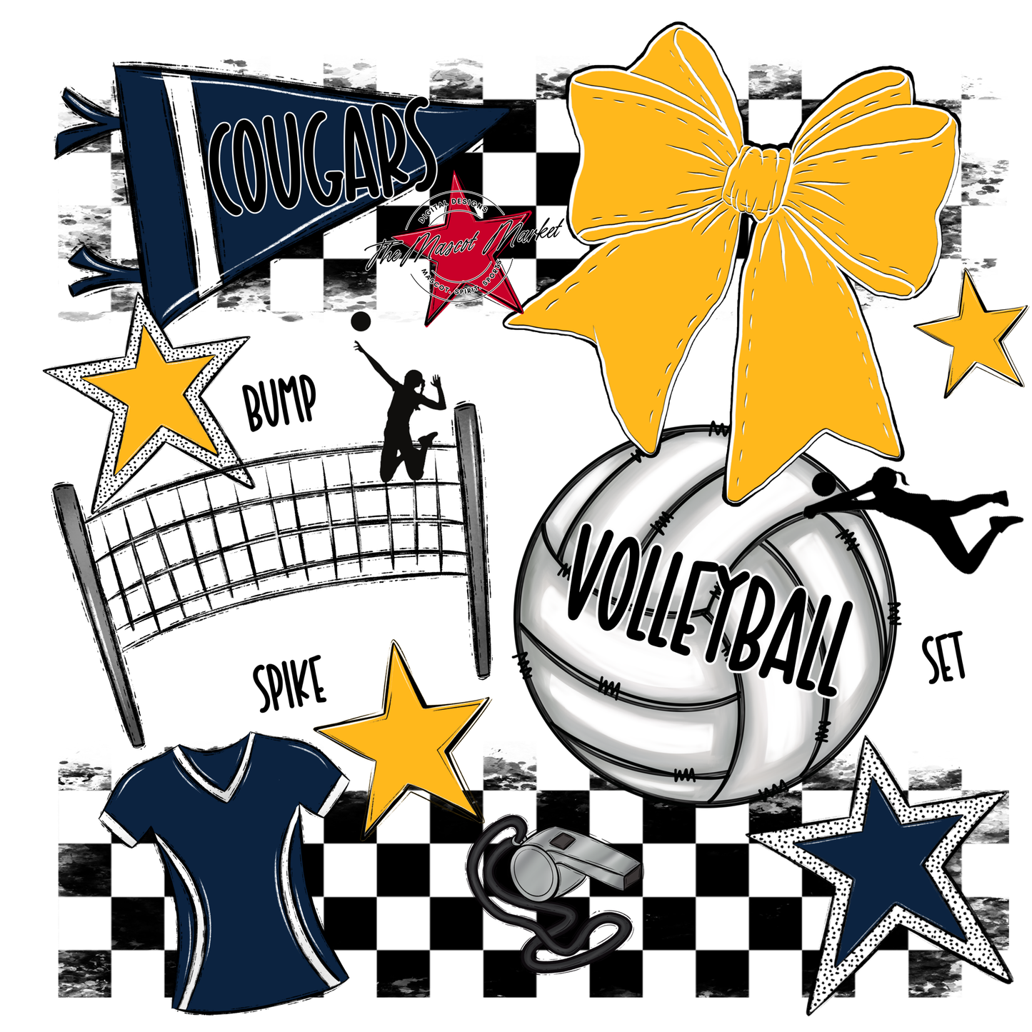 Cougars Checkers Volleyball Spirit Design-Navy-Yellow