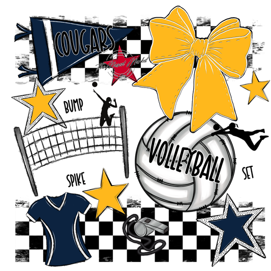 Cougars Checkers Volleyball Spirit Design-Navy-Yellow