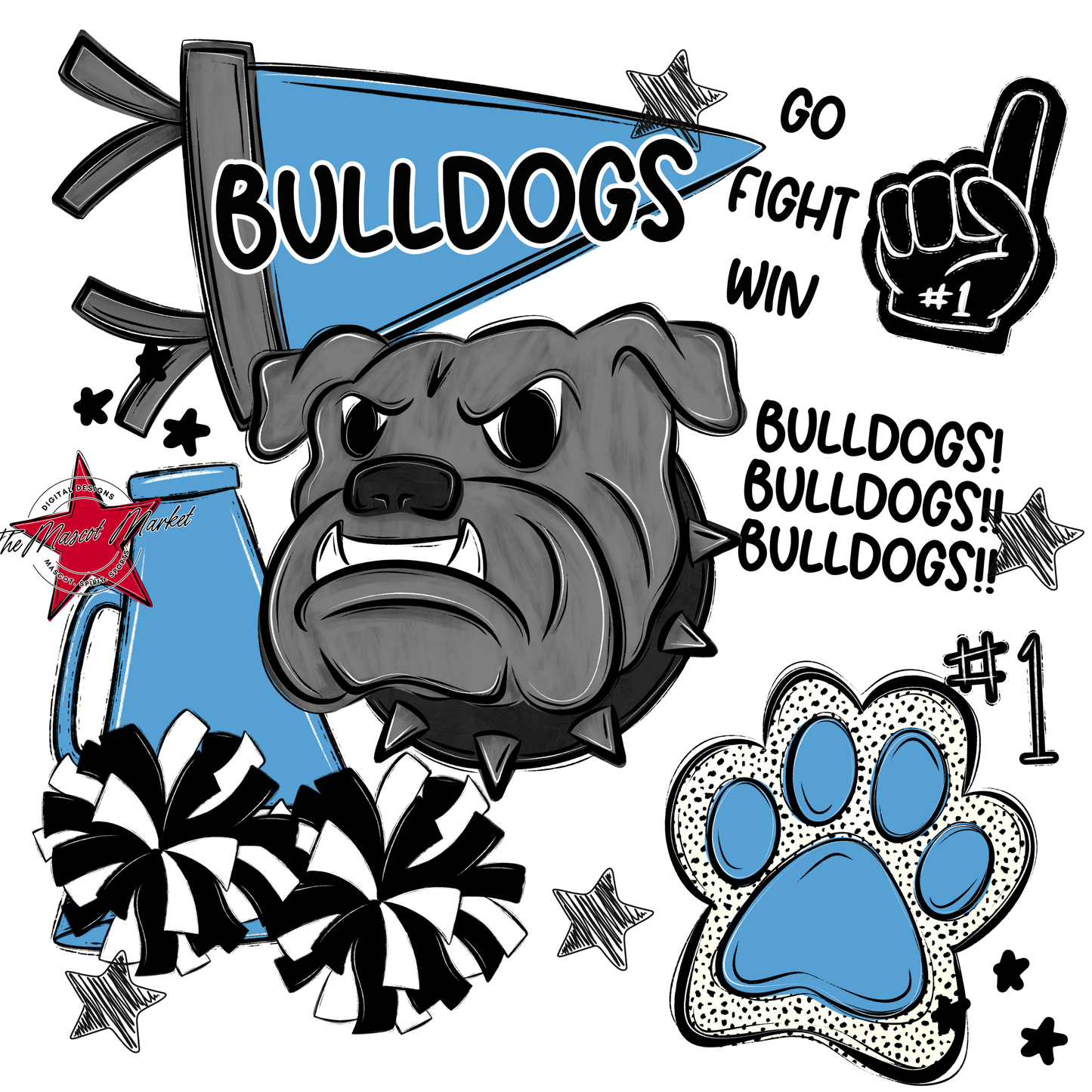 Bulldogs Mixed Mascot Spirit Design-Carolina Blue