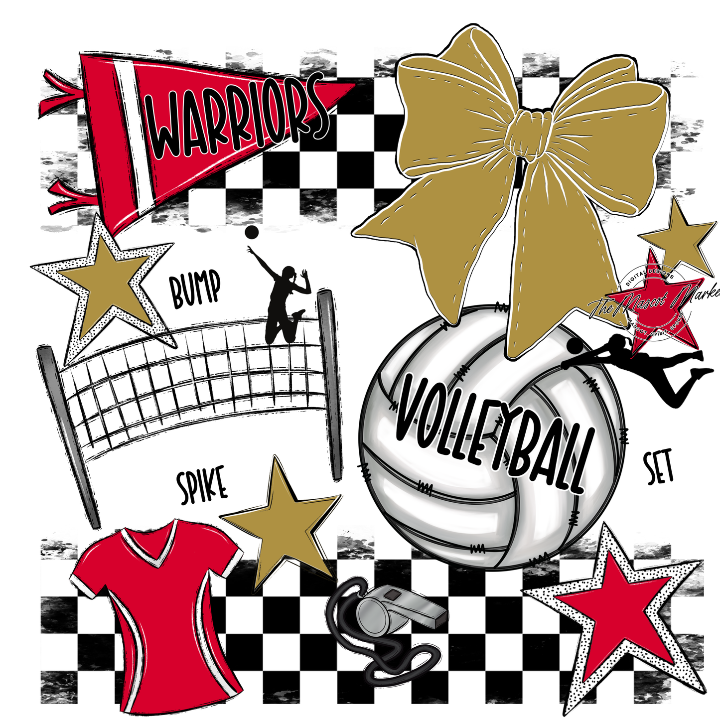 Warriors Checkers Volleyball Spirit Design-Red-Gold