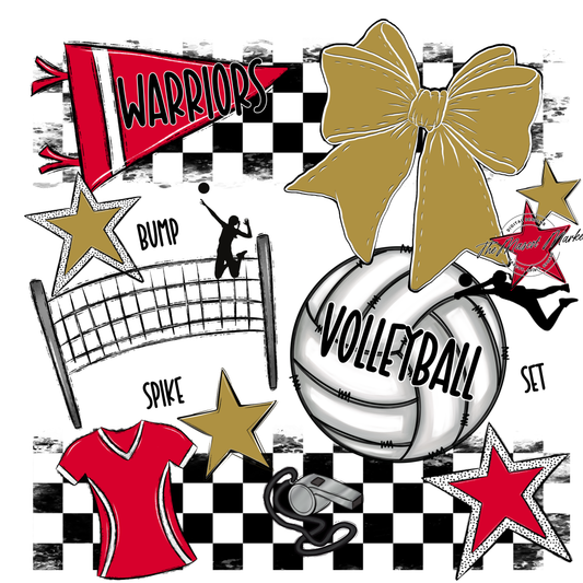 Warriors Checkers Volleyball Spirit Design-Red-Gold