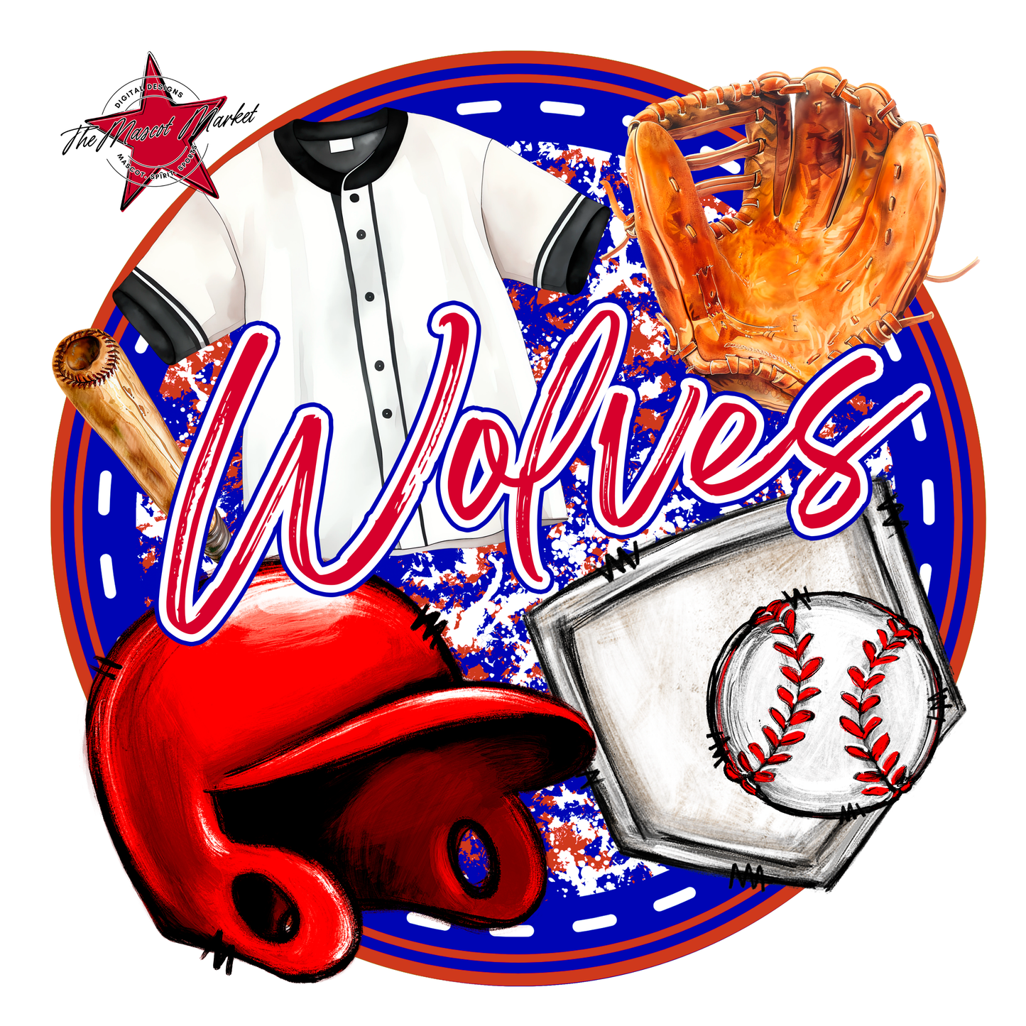 Wolves Circle Baseball Design-Blue-Red