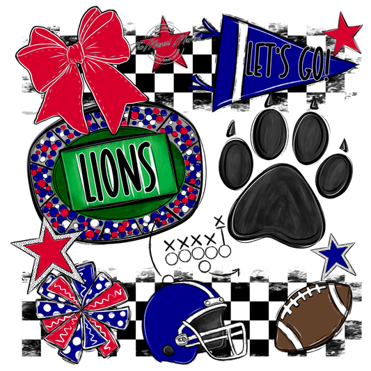 Lions Checkers Mascot Spirit Design w Paw-Blue-Red