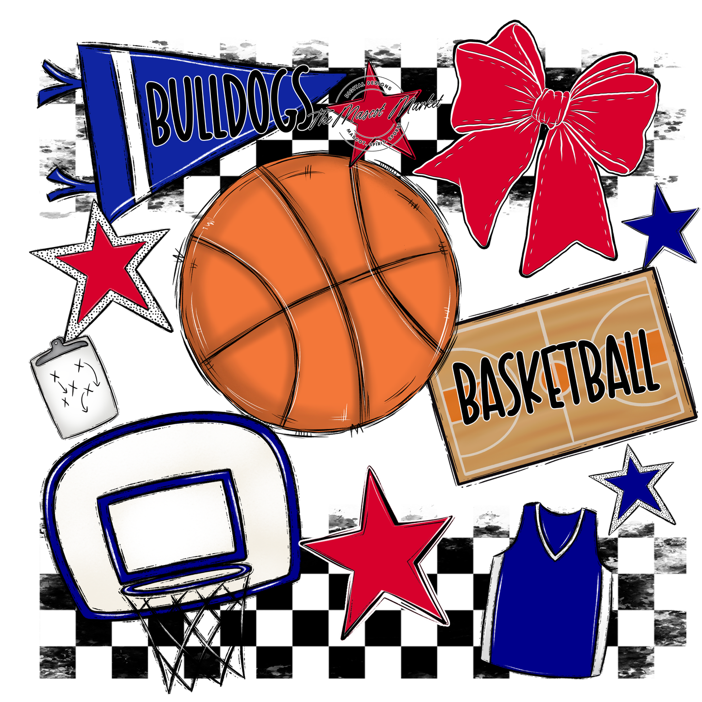 Bulldogs Checkers Basketball Spirit Design-Blue-Red