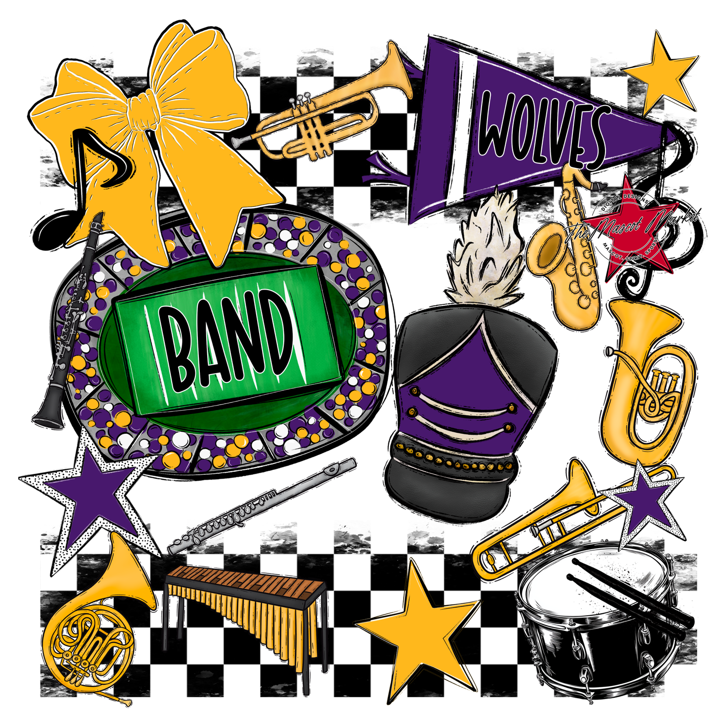 Wolves Checkers Band Spirit Design-Purple-Yellow