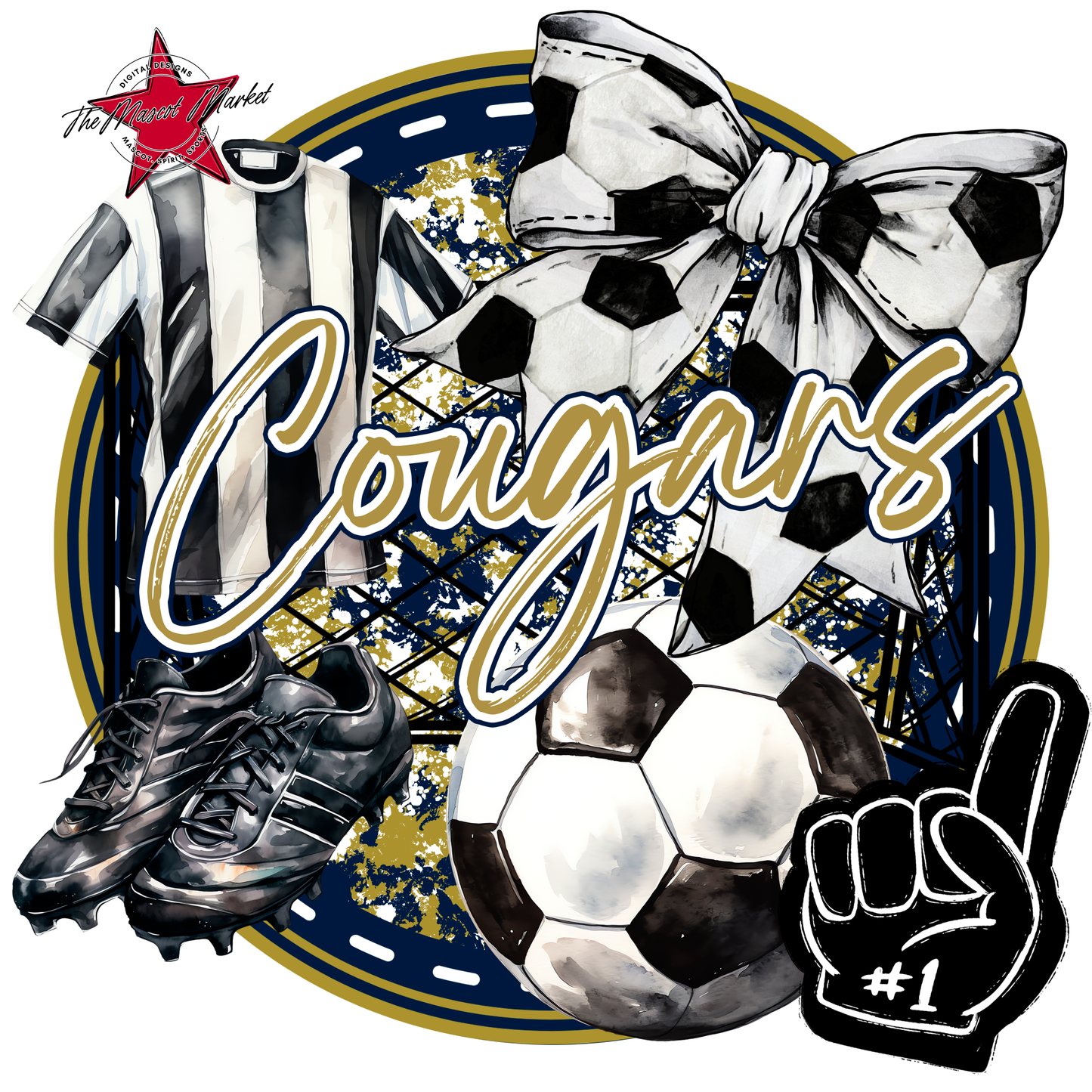 Cougars Circle Soccer Design-Navy-Gold