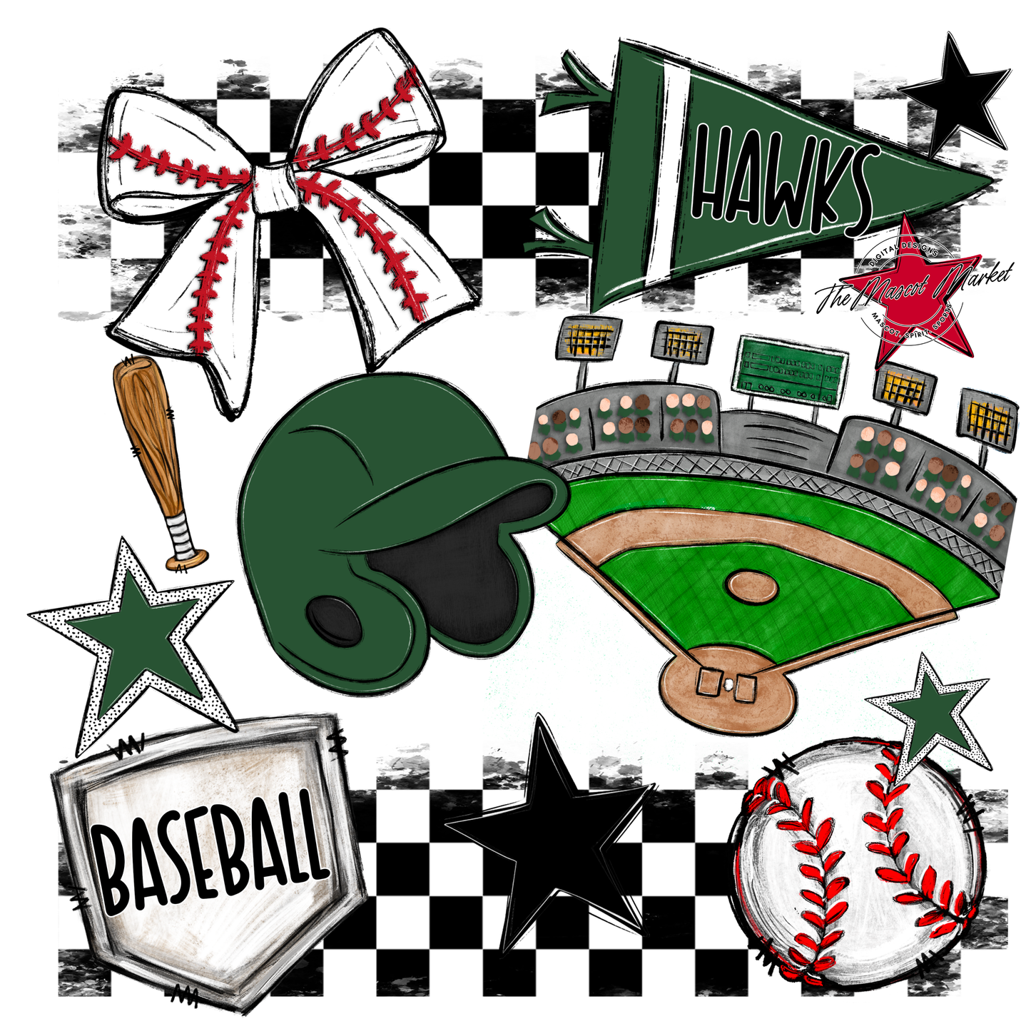 Hawks Checkers Baseball Spirit Design-Green