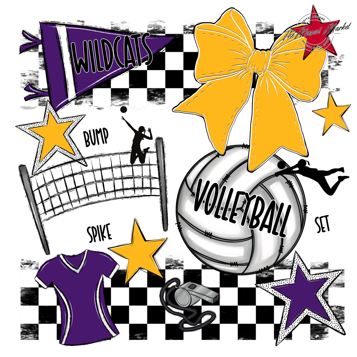 Wildcats Checkers Volleyball Spirit Design-Purple-Yellow