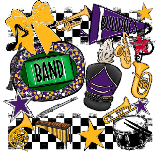 Bulldogs Checkers Band Spirit Design-Purple-Yellow