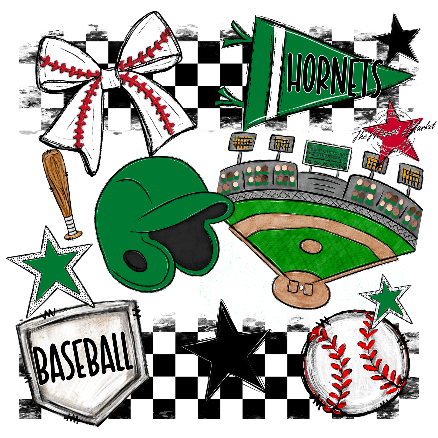 Hornets Checkers Baseball Spirit Design-Kelly Green