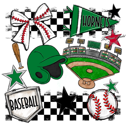 Hornets Checkers Baseball Spirit Design-Kelly Green