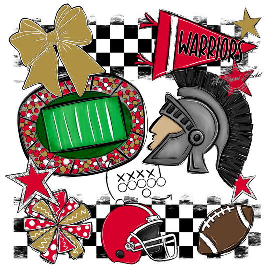 Warriors Checkers Mascot Spirit Design-Red-Gold