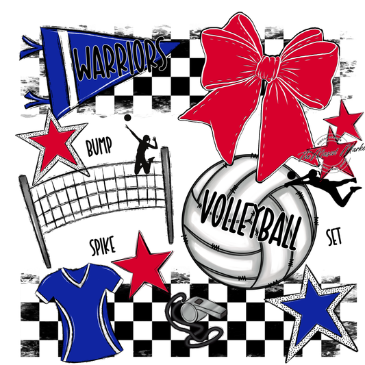 Warriors Checkers Volleyball Spirit Design-Royal Blue-Red