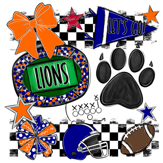 Lions Checkers Mascot Spirit Design w Paw-Blue-Orange