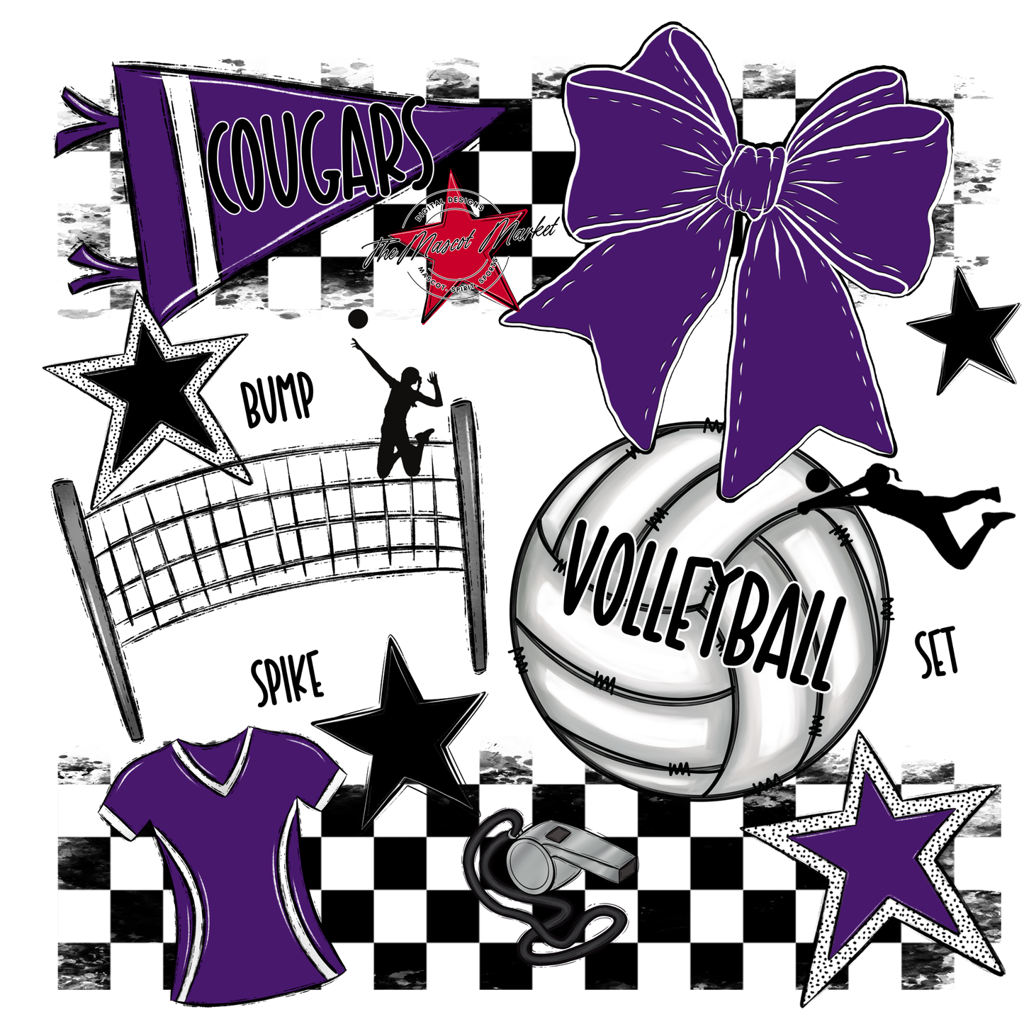 Cougars Checkers Volleyball Spirit Design-Purple